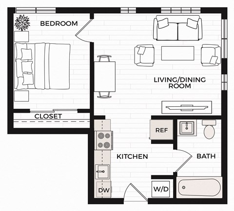 Floor plan for 1 bed, 1 bath, 510 sqft